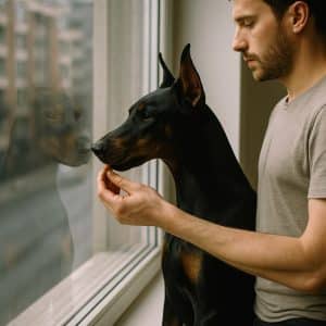 Взрослый доберман у окна