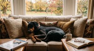 Доберман на диване